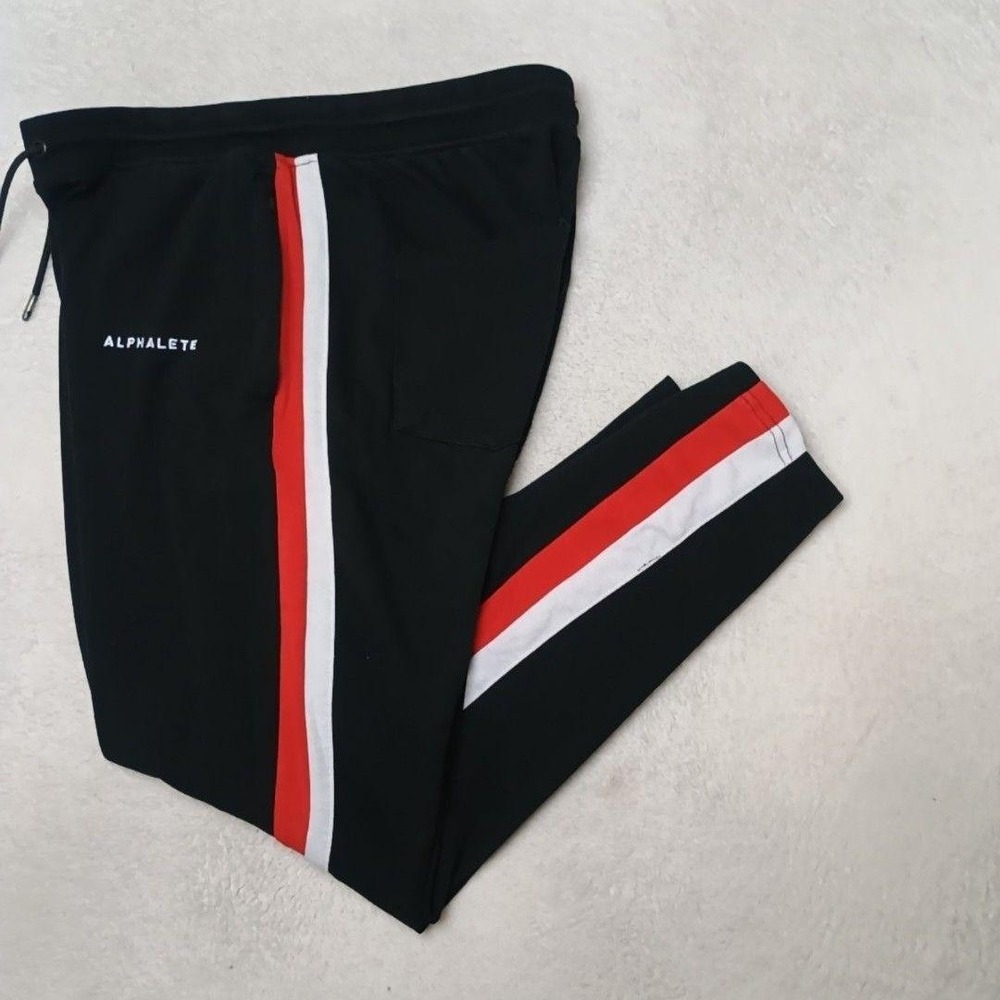 Alphalete Jogger Pants Mens L Black Red White Side Stripe Zip Pocket Tapered